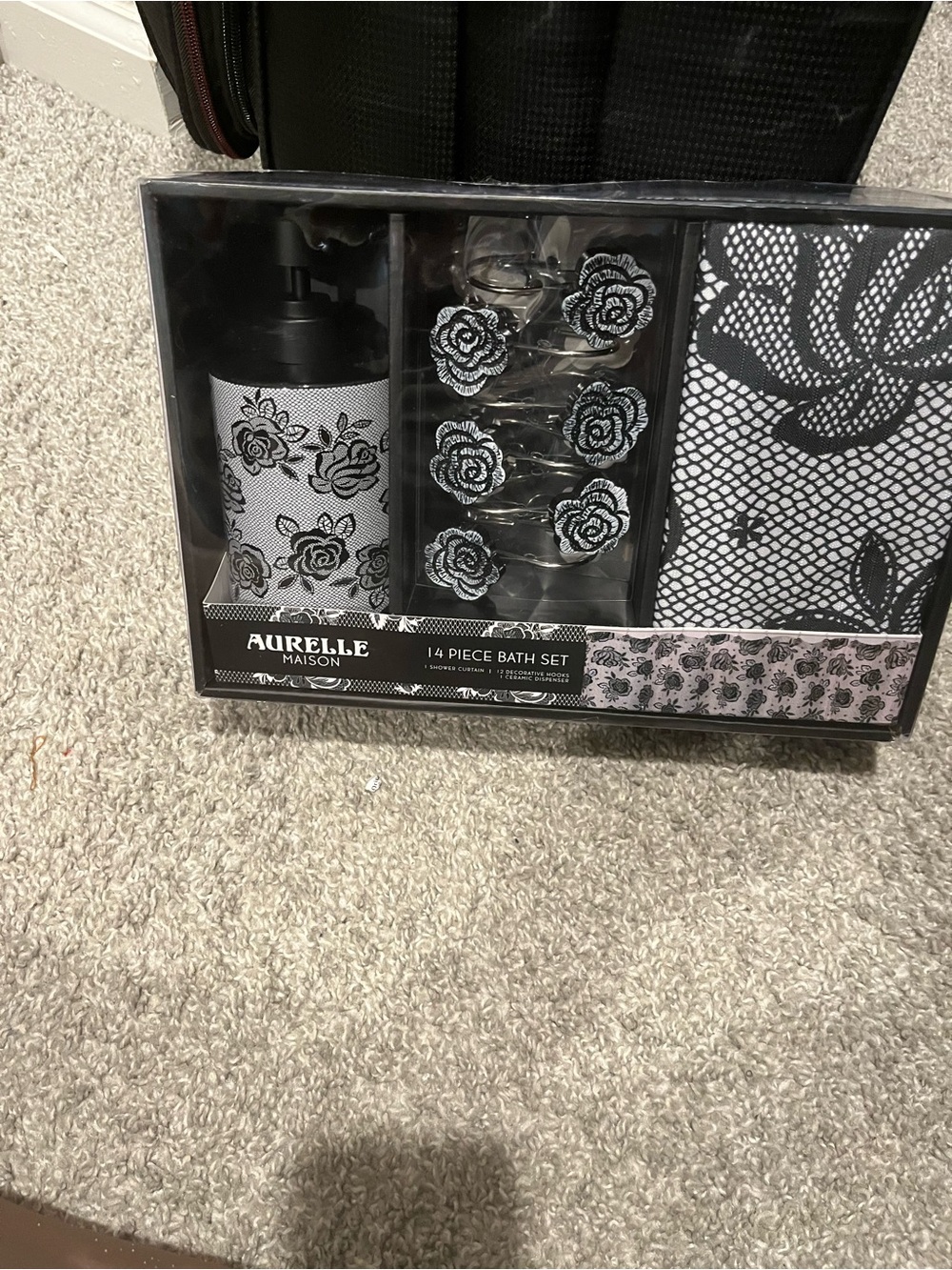 AURELLE Maison Black & White Floral Bath Set Shower Curtain and Accessories